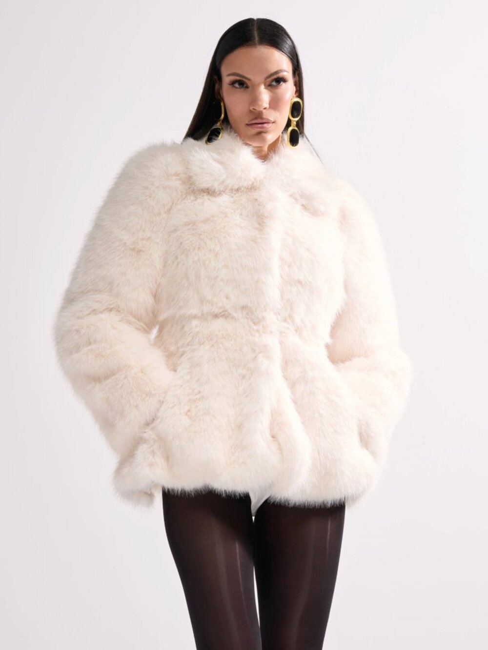 Stunning NWT AKIRA Ivory Couture-inspired Faux Fur Peplum Coat